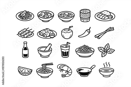 Variety of asian cuisine icons including noodles, sushi, and ramen