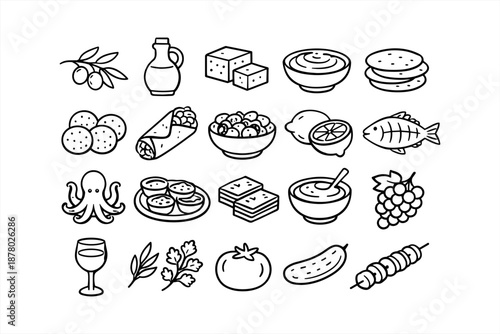 Assorted mediterranean food icons: olives, cheese, hummus, falafel, seafood, fruits