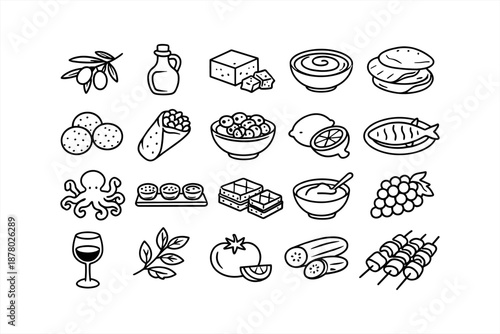 Mediterranean cuisine icons: ingredients, dishes, and drinks in black and white