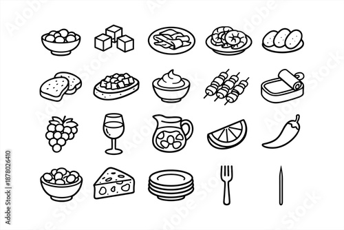 Assorted food icons: fruits, cheese, fork, and plates