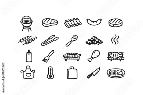 Barbecue icons: grill, meat, utensils, and food symbols for bbq