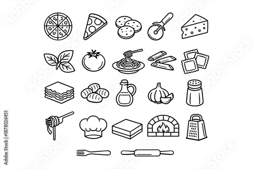 Italian cuisine icons: pizza, pasta, cheese, herbs, and kitchen tools
