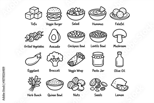 Hand-drawn vegan food doodles featuring tofu, veggie burger, salad, and more