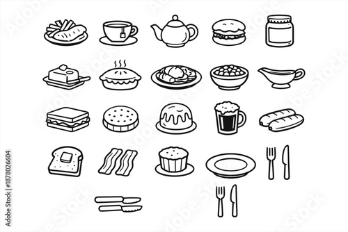 Hand-drawn food icons including tea, pie, burger, cake, and cutlery