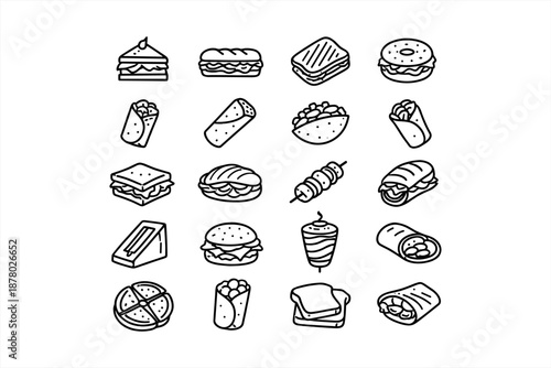 Hand-drawn fast food icons set: sandwiches, wraps, burgers, tacos, pizza, donuts