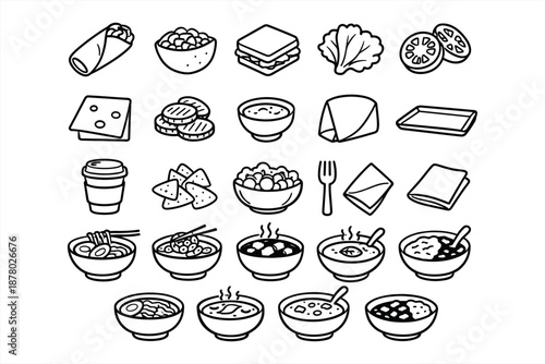 Black and white icons of various foods including soup, salad, sandwich, and snacks