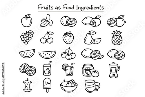 Hand-drawn fruits and food ingredients icons for healthy recipe concepts