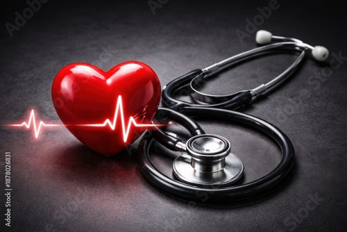 A red heart symbolizes health, connected to a stethoscope, emphasizing medical care and monitoring of vital signs.