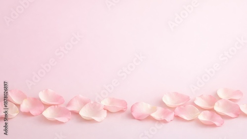 Soft pink rose petals scattered on a light pink background, creating a delicate and romantic atmosphere.