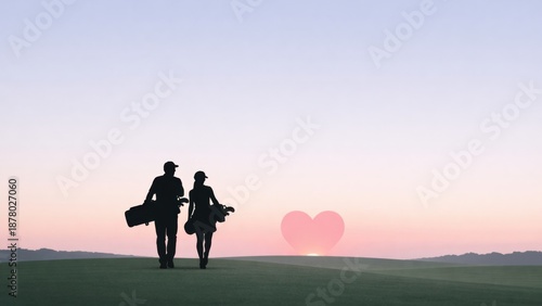 Wallpaper Mural A couple walks hand in hand on a golf course at sunset, with a heart-shaped sun casting a romantic atmosphere. Torontodigital.ca