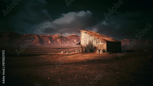 abandoned shack in desert dusk. itinerant farmer repairing roof, rural hermit lighting small fire, landscape painter capturing moody light, field researcher
