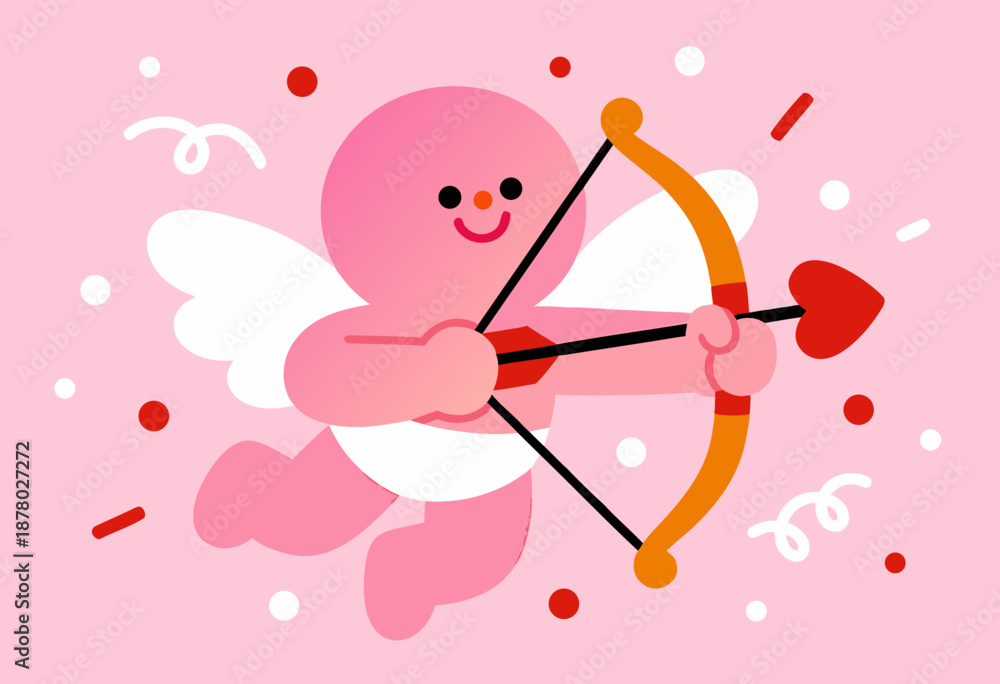 Fototapeta premium cute cupid character with bow and arrow flying in pink background surrounded by hearts