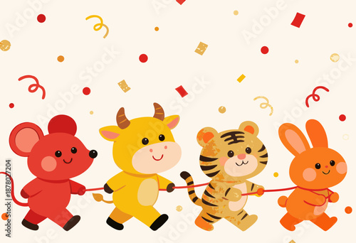 cute animal characters celebrating new year with confetti and festive decorations