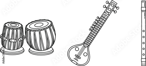 Indian musical instruments line art set featuring tabla drums sitar and bamboo flute isolated on transparent background