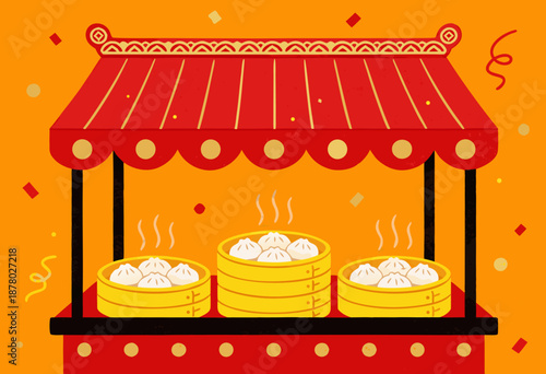 traditional chinese food stall with steaming dumplings on orange festive background