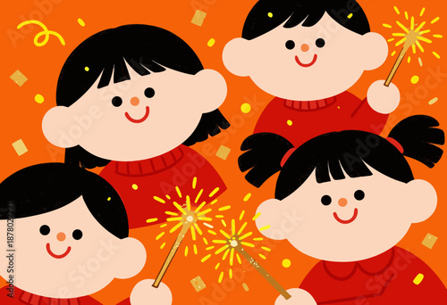 happy children celebrating with sparklers during festive holiday on an orange background