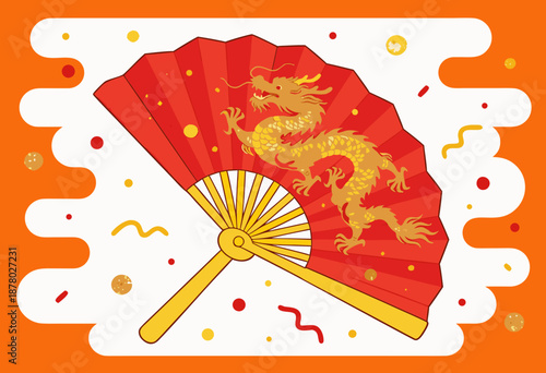 traditional red chinese fan with golden dragon motif surrounded by festive decorations