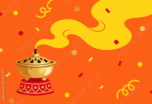 festive incense burner with swirling smoke on bright orange background with confetti