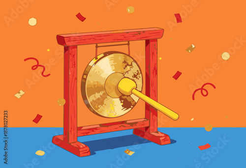 golden gong with mallet on orange and blue background with festive confetti