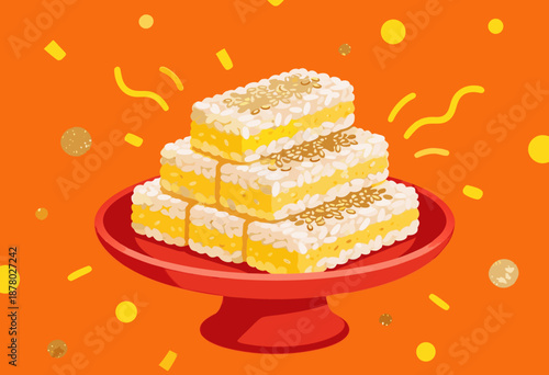 festive stack of traditional sweets on red platter with colorful background