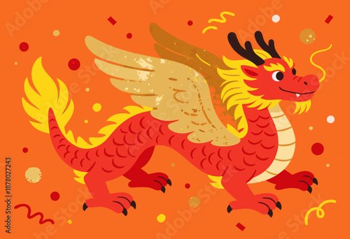 colorful chinese dragon illustration with wings on vibrant orange background