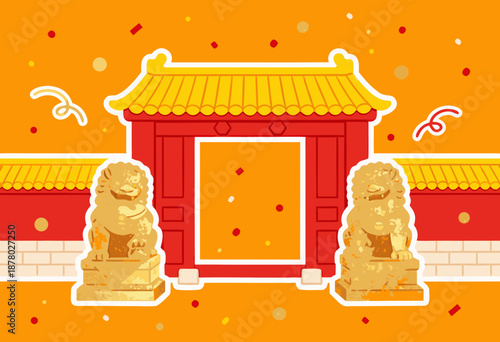 traditional chinese gate with stone lions surrounded by festive decorations in bright colors