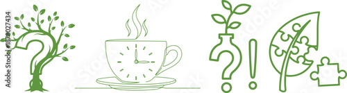 Green line icons of tree question mark clock cup and puzzle piece