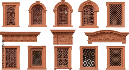 Indian stone window frame set with traditional carved lattice screen and decorative arch architectural design elements