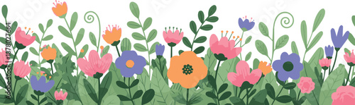 Vibrant floral pattern with pink, purple, and orange flowers on green stems and leaves on white background, perfect for spring and summer designs, representing nature and growth.