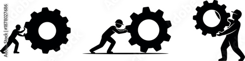 Gear teamwork problem solving silhouette flat vector on transparent background
