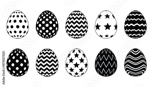 Black and white easter eggs with various patterns