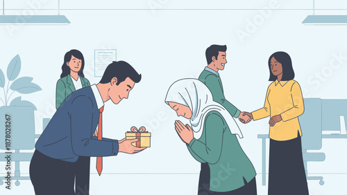 Diverse colleagues exchanging gifts and greetings in a modern office setting, celebrating teamwork and collaboration