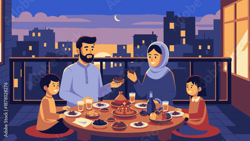 Illustrative scene of a loving family enjoying a traditional evening meal on a balcony overlooking a vibrant city skyline