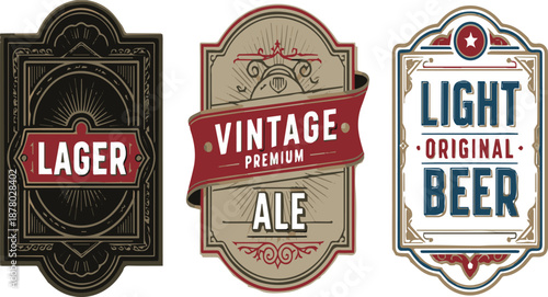 Vintage beer labels, including Lager, Ale, and Light Original Beer, with ornate designs and classic typography for branding and advertising.