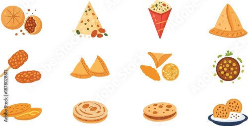 Indian street food snacks collection including samosa paratha and various traditional treats for restaurant menu design