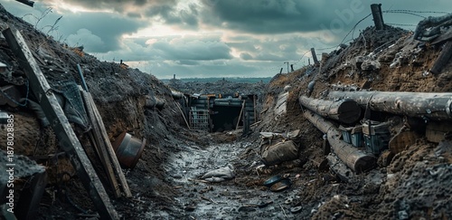 Trench Warfare: A somber depiction of a World War I trench, conveying the harsh realities of conflict. It evokes a sense of desolation and the human cost of war.