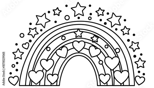 A whimsical illustration of a rainbow adorned with hearts and stars in a magical dreamlike setting for coloring book pages