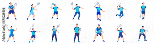 Geometric Style Full Body Badminton Player Athlete Collection Set Illustration