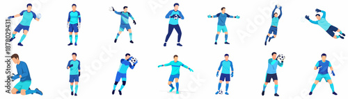 Flat Style Diverse Soccer Goalkeeper Action Pose Character Set Illustration