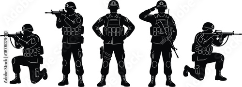 Black military soldier silhouettes, tactical army forces, special operations team, combat poses, armed soldiers, security defense concept illustration