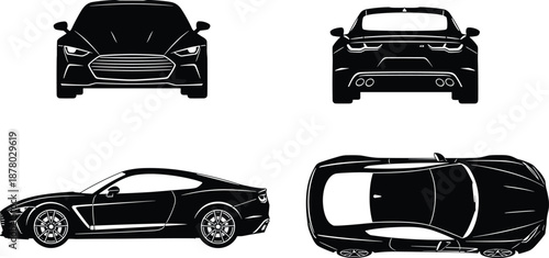 Black sports car silhouette, front rear side top views, modern coupe automobile, luxury vehicle outline illustration isolated white background vector