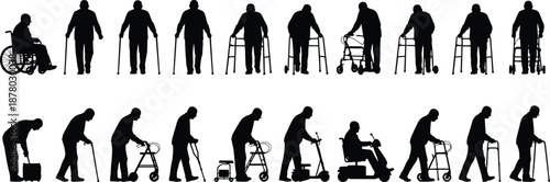Elderly people silhouettes mobility progression, seniors using wheelchair cane walker scooter, aging healthcare independence concept, black isolated illustration set