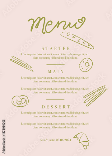 Menu Design - Coffee, Tea and Bakery Price List with Hand-Drawn Illustrations. Elegant minimalist cafe menu template featuring a warm beige and brown color scheme.