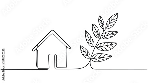 a simple line drawing of a house and a plant growing