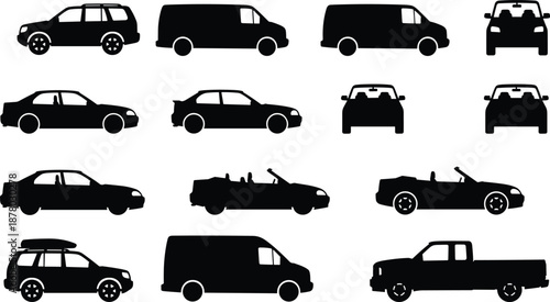 Black vehicle silhouette collection, cars vans pickup trucks convertible taxi icons, side front views, transport set, isolated white background