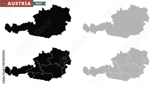 Map of Austria. Black and gray detailed political map. Austria divided into regions. Mercator projection. Vector illustration.