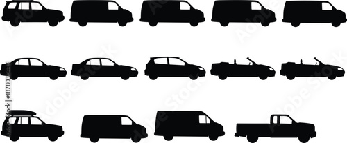 Black vehicle silhouettes set, car van truck pickup convertible taxi transport collection, side view icons, isolated white background vector illustration