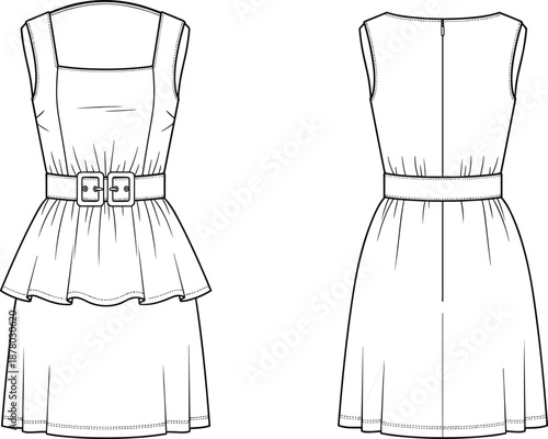 Sleeveless dress technical sketch, front and back view, peplum waist, square neckline, fashion design illustration, garment construction detail