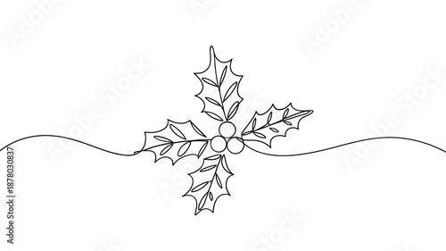 Simple linear drawing of a holly sprig with berries and a curved line