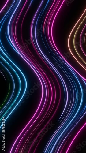 Vibrant Neon Light Waves on Black Background.